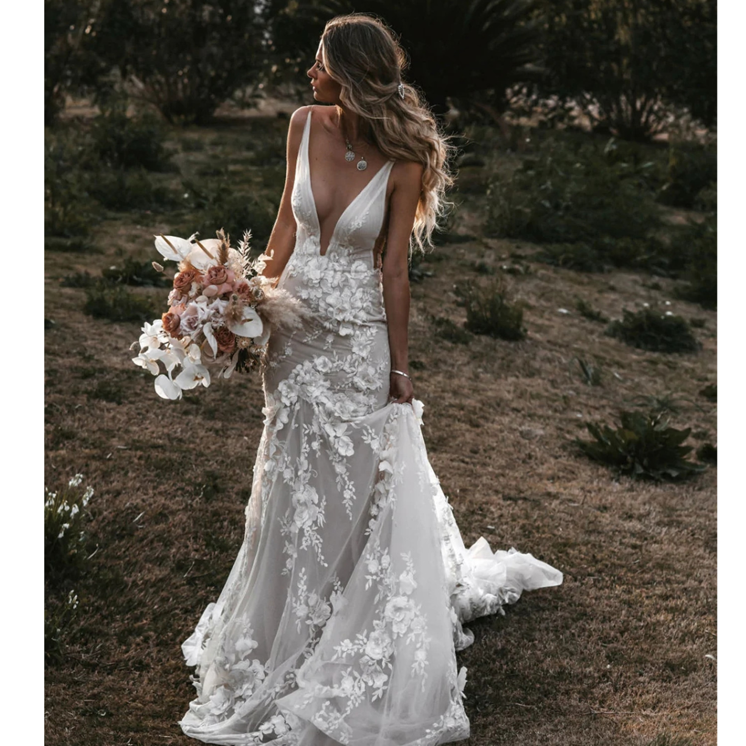 Boho Bridal Gown 3D Flowers Appliques Mermaid Wedding Dresses Spaghetti Straps Backless vestidos de novia Country Bridal Gowns Wear