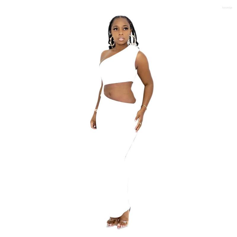 Women's Two Piece Pants 2023 Casual Women Set Tracksuit One Shoulder Solid Color Crop Top And Long Sportsuit Matching Suit Drop