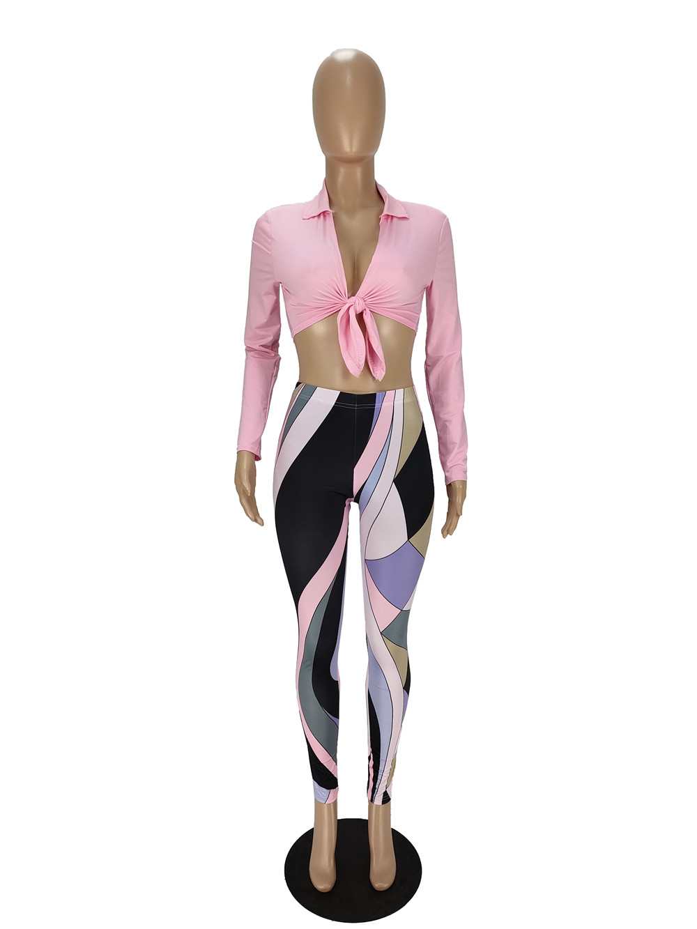 Fall Winter Women Tracksuits Two Piece Set Autumn Outfits Long Sleeve Bandage Crop Tops and Print Pants Mathing Casual Sportswear Night Club Party Wea