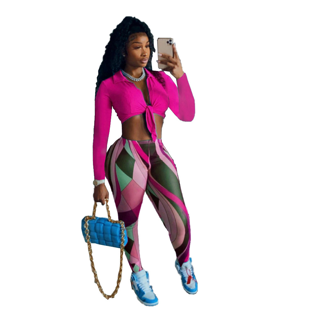 Fall Winter Women Tracksuits Two Piece Set Autumn Outfits Long Sleeve Bandage Crop Tops and Print Pants Mathing Casual Sportswear Night Club Party Wea