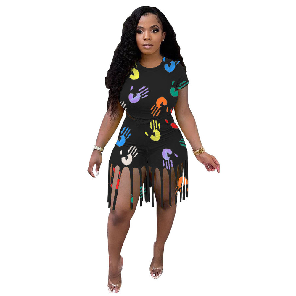 Plus size 3XL 4XL Summer Women Tracksuits Short Sleeve Outfits Pullover T-shirt and Tassels Shorts Two Piece Sets Outwork Sportswear Casual Sports sui