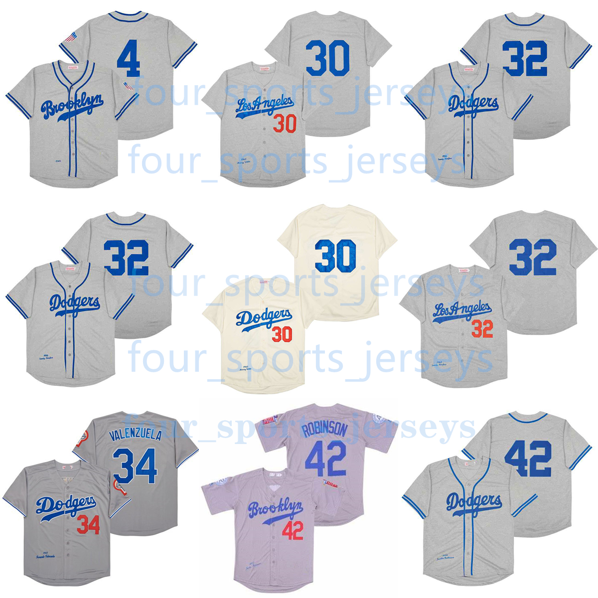 Retro baseball Hemp grey Jerseys Kirk Gibson Piazza Sandy Koufax Fernando Valenzuela Jackie Robinson Size S--6XL
