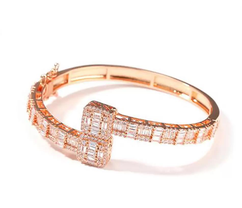 14K Gold Men Ladies Cubic Zirconia Dia Baguette Square Bangle Bracelet Opening