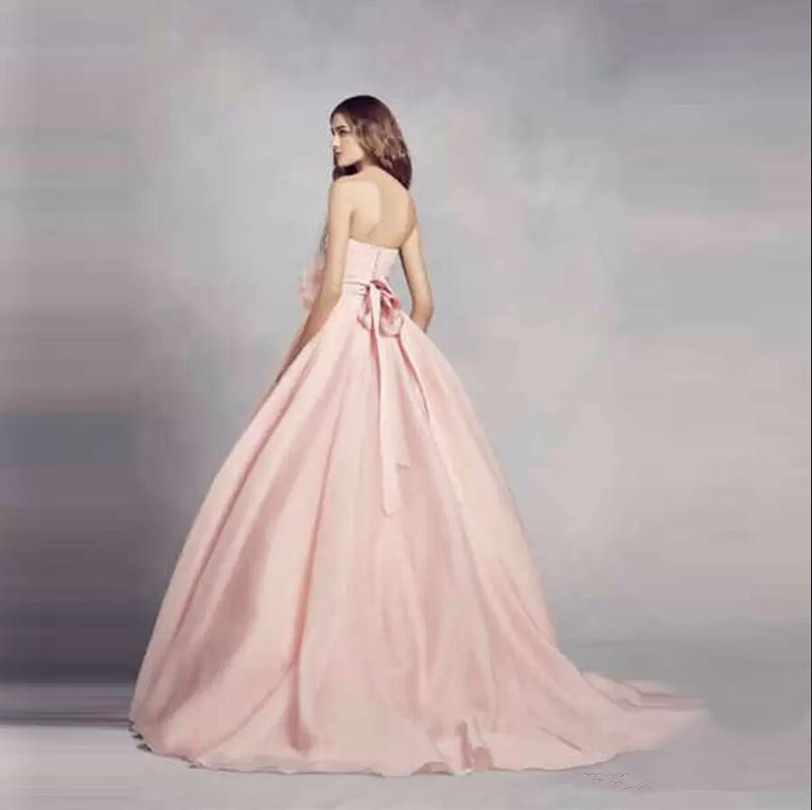 Pink Organza a-line Wedding Dresses Strapless Ball Gowns Ruched Draped Bodice with 3D Flower Custom Made princess Bridal Gowns