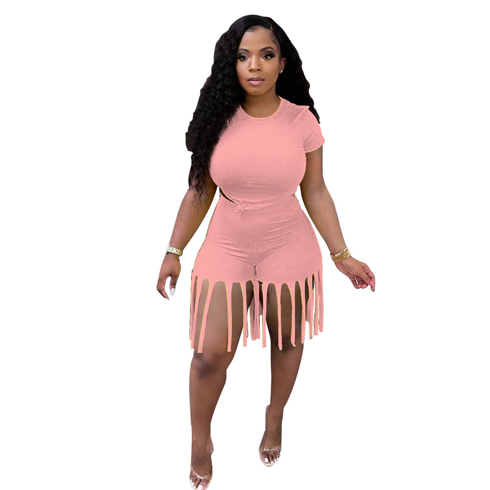 Plus size 3XL 4XL Summer Women Tracksuits Short Sleeve Outfits Pullover T-shirt and Tassels Shorts Two Piece Sets Outwork Sportswear Casual Sports sui