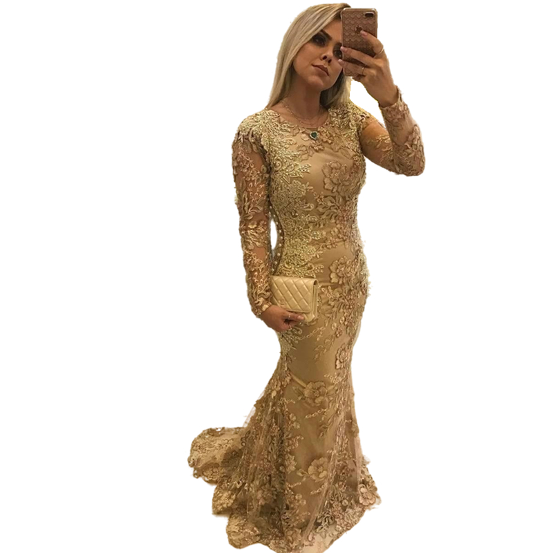 Elegant Gold Floral Lace Mermaid Evening Dresses Long Sleeves Applique Beaded Long Prom Dress Formal Event Party Gowns Classic Women Mother Wear