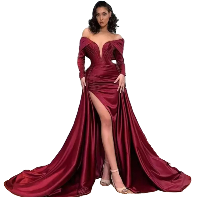 Elegant Long Sleeves Sheath Evening Dresses With Detachable Skirt Off Shoulder Side Split Sexy Burgundy Satin Prom Gowns Simple Special Occasion Wear