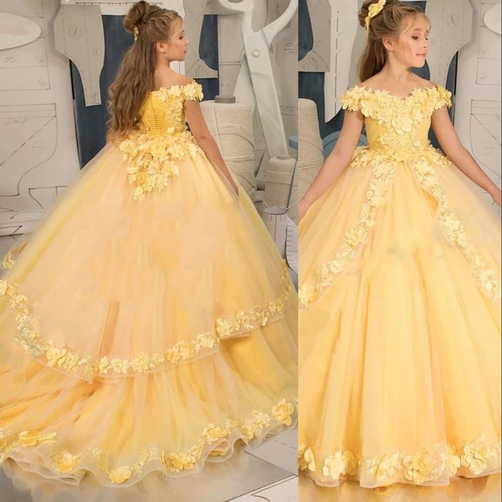 Flower Girl Yellow Off Shoulder Toddler For Wedding Tulle 3D Floral Ruffle Pageant Dress Christmas Evening Gowns Birthday Party Dresses First Communio