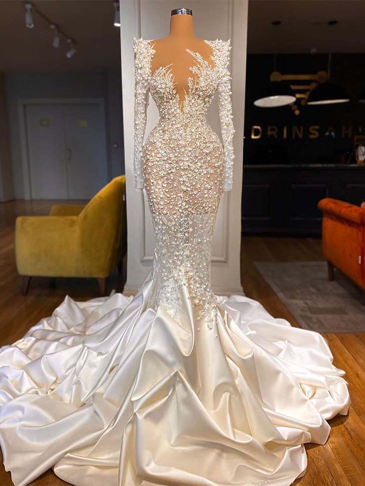 Mermaid Dress Pearls Sheer Neck D Lace Appliques Beading Wedding Gowns Custom Made Sexy Illusion Bridal Dresses Es