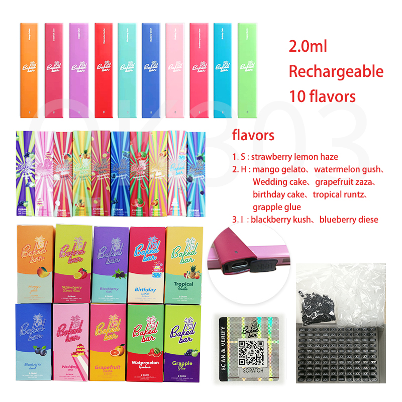 Baked Bar Disposable 2022 New Vape Pen E-cigarettes 2ML Empty Cartridge Ecigs USB Rechargeable Vapor Bar Airflow Portable with Packaging
Baked Bar Disposable 2022 New Vape Pen E-cigarettes 2ML Empty Cartridge Ecigs USB Rechargeable Vapor Bar Airflow Portable with Packaging