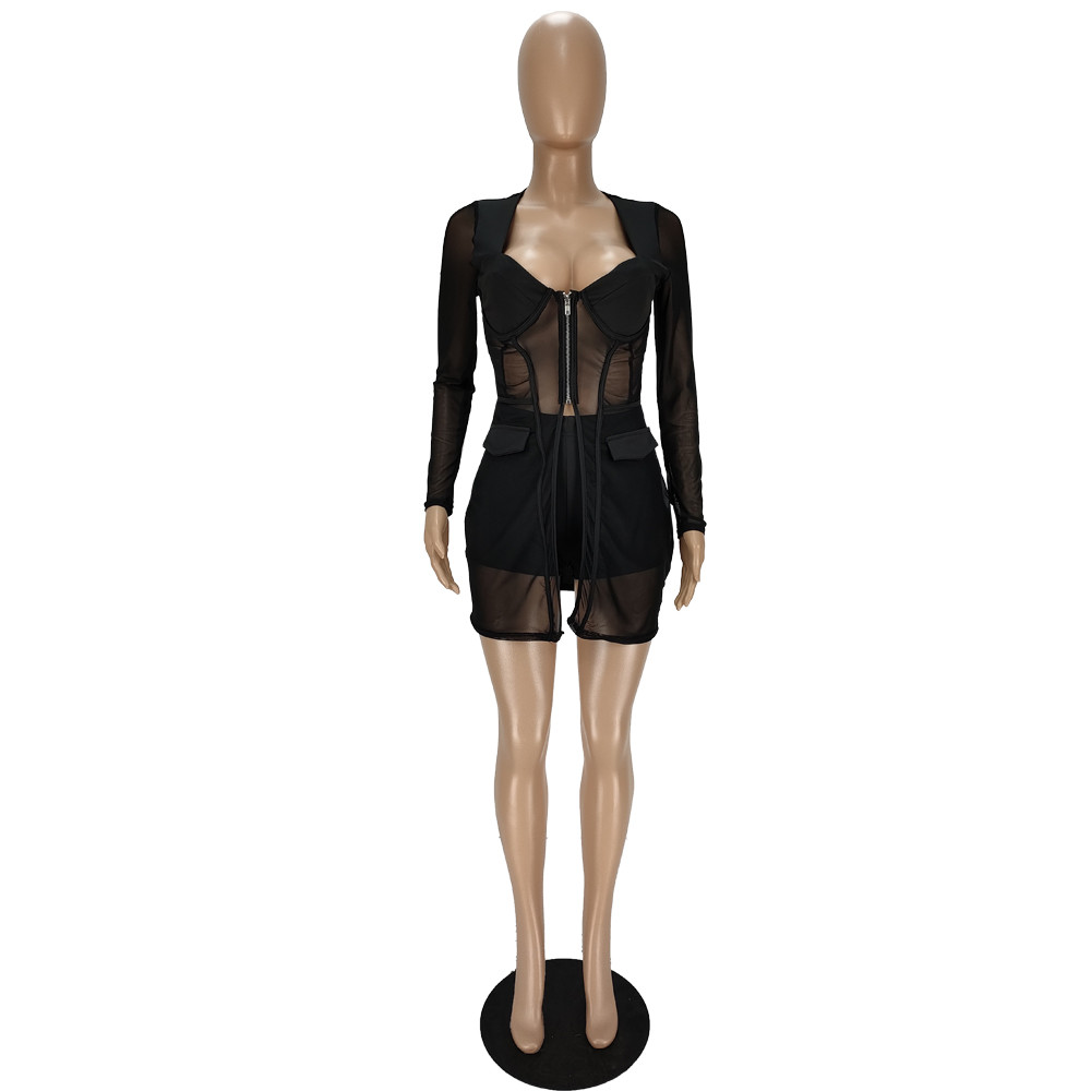 Sexy Mesh Outfits Women Two Piece Sets Tracksuits Autumn Clothes Sexy Long Sleeve Sheer Shirt Top and Shorts See Through Clothing Party Night Club Wea