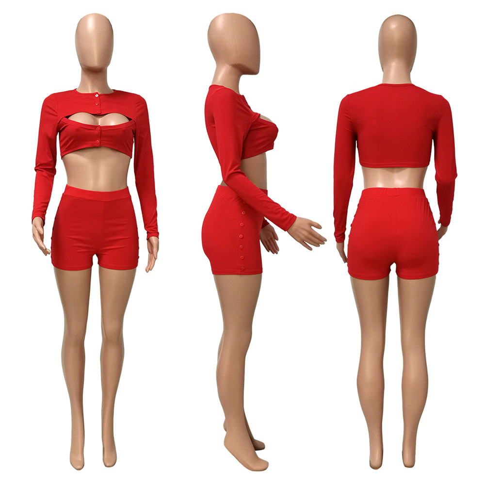 Wholesale Ribbed Outfits Women Two Piece Set Tracksuits Autumn Clothes Sexy Long Sleeve Hollow out Crop Top and Shorts Casual Sportswear Solid Sports 