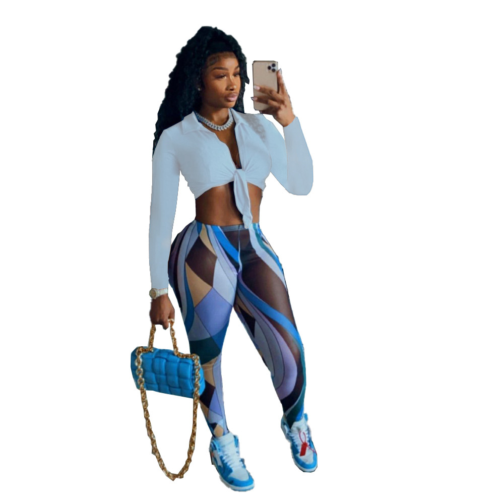 Fall Winter Women Tracksuits Two Piece Set Autumn Outfits Long Sleeve Bandage Crop Tops and Print Pants Mathing Casual Sportswear Night Club Party Wea