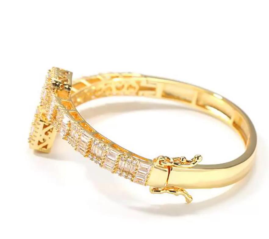 14K Gold Men Ladies Cubic Zirconia Dia Baguette Square Bangle Bracelet Opening