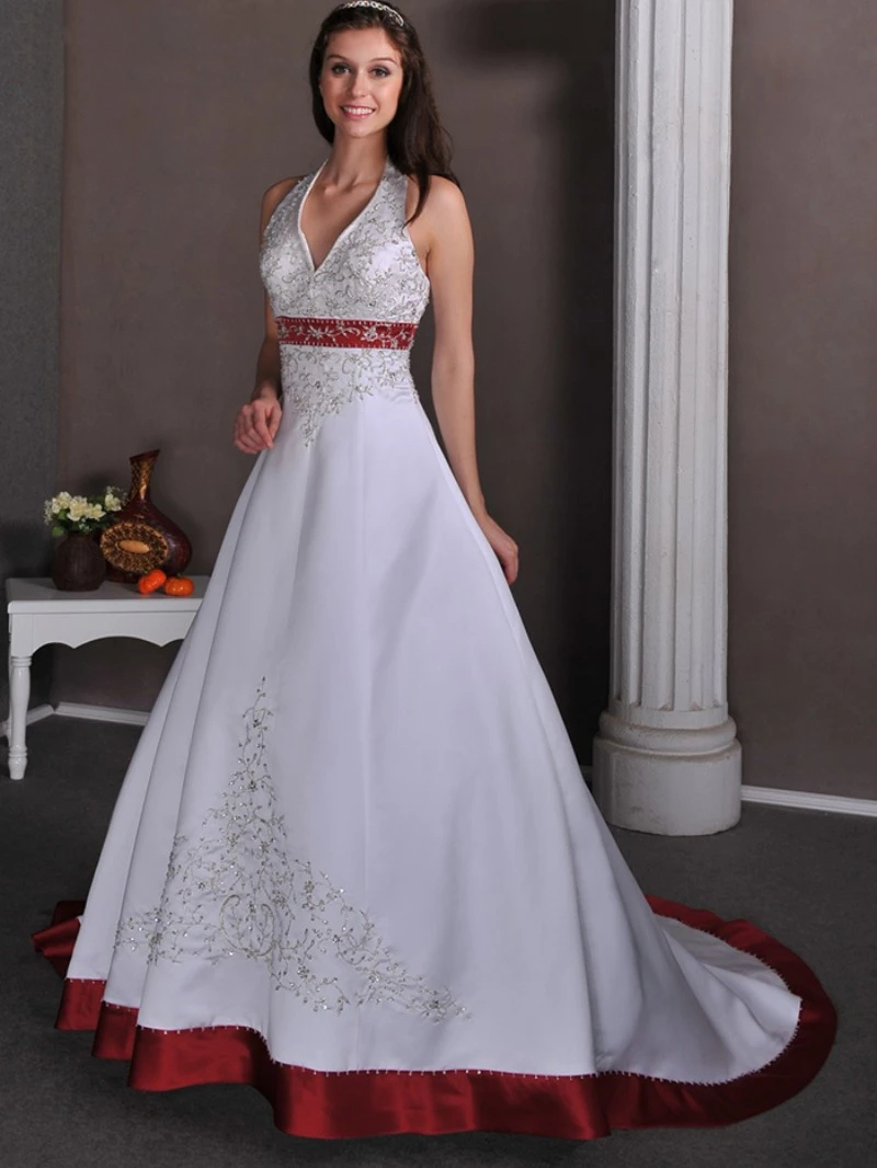 Elegant Embroidered Long A Line Wedding Dresses Halter Neck Backless Lace-Up White And Burgundy Bridal Gowns V-Neck Court Train Vintage Satin Vestido 
