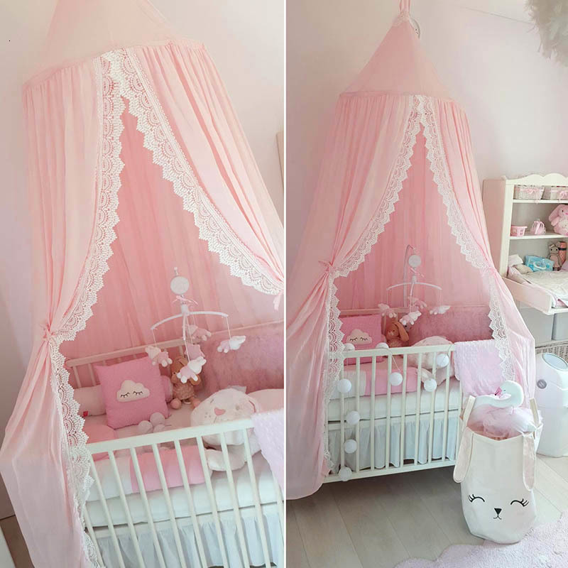 Toy Tents Round Pink/White/Gray Bed Canopy for Girl Baby Crib Bed Curtain with Lace Kids Play Tent House Dome Hanging Children Room Dossel 230111