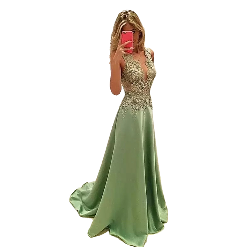 Sage Long Prom Dresses Lace Applique Deep V-Neck Satin A Line Formal Event Evening Gowns Sleeveless Satin Bridesmaid Dress