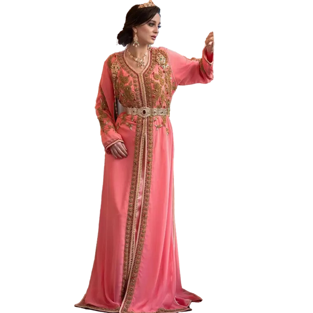 Elegant Moroccan Kaftan Matermelon Evening Dresses Long Sleeves Gold Applique Beaded Formal Wear Floor Length Arabic Dubai Abaya Prom Party Gowns