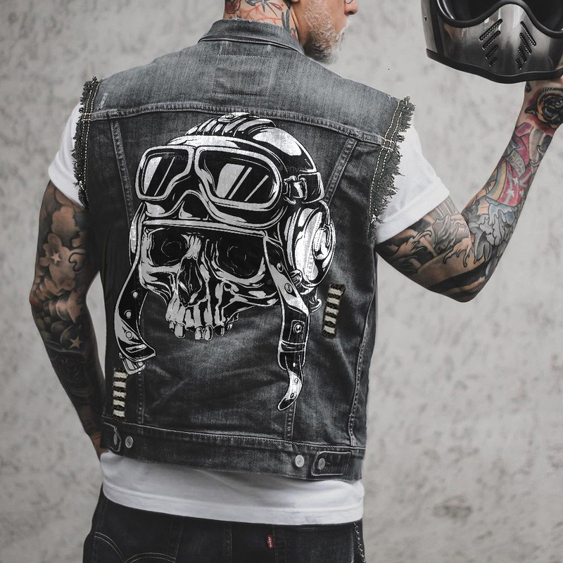 Men s Vests Mens Motorcycle Skull Print Hip Hop Punk Rock Biker Denim Waistcoat Hole Ripped Cotton Sleevless Jean Jacket Coat 230112