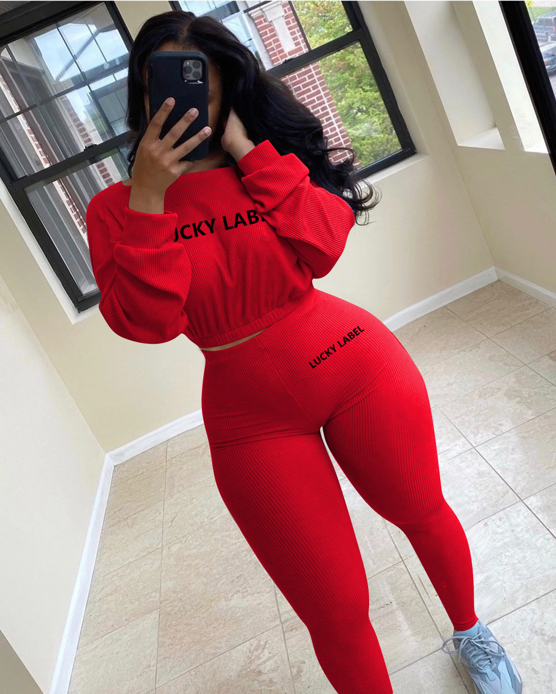 Women's Tracksuits Letter Printed Embroidery Women Two Piece Ribbed Fall Spring Long Sleeve Sweatshirt and Skinny Pants Set 230113
