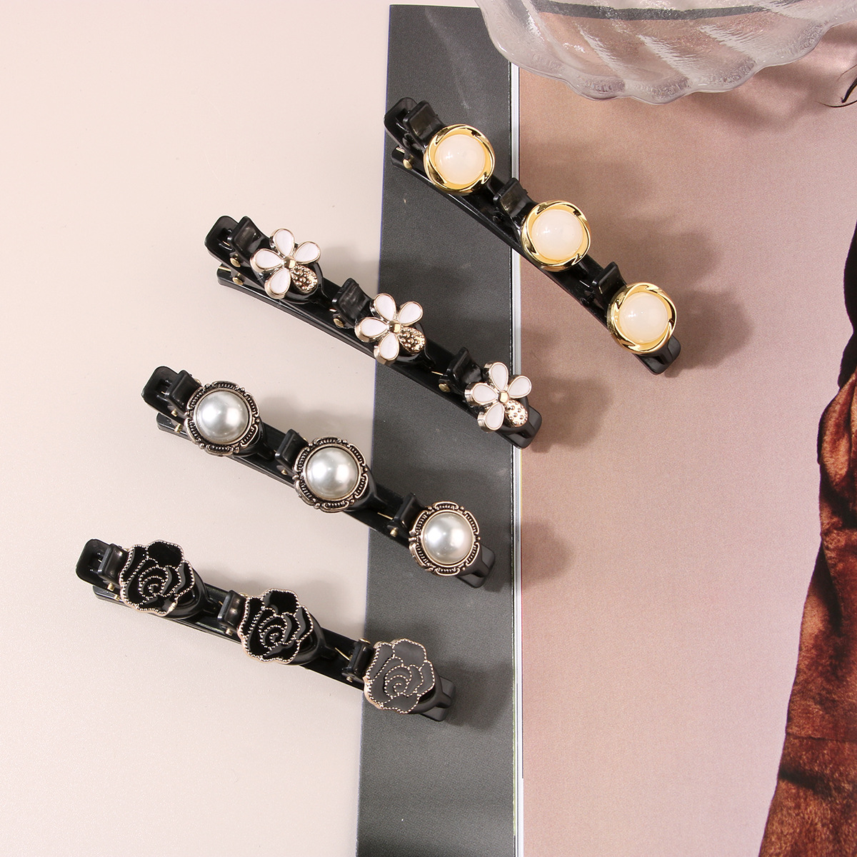 Women Girl Ribbon Elegant Flower Pearls Braid Hairpins Sweet Hair Decorate Clips Bangs Hold Barrettes Headband Fashion Hair Accessories 1325