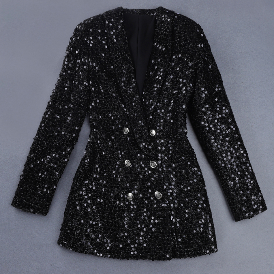Womens Suits Blazers High Quality Fashion Blazer Women Double Lion Buttons Shawl Collar Glitter Sequined Long Runway Black 230113