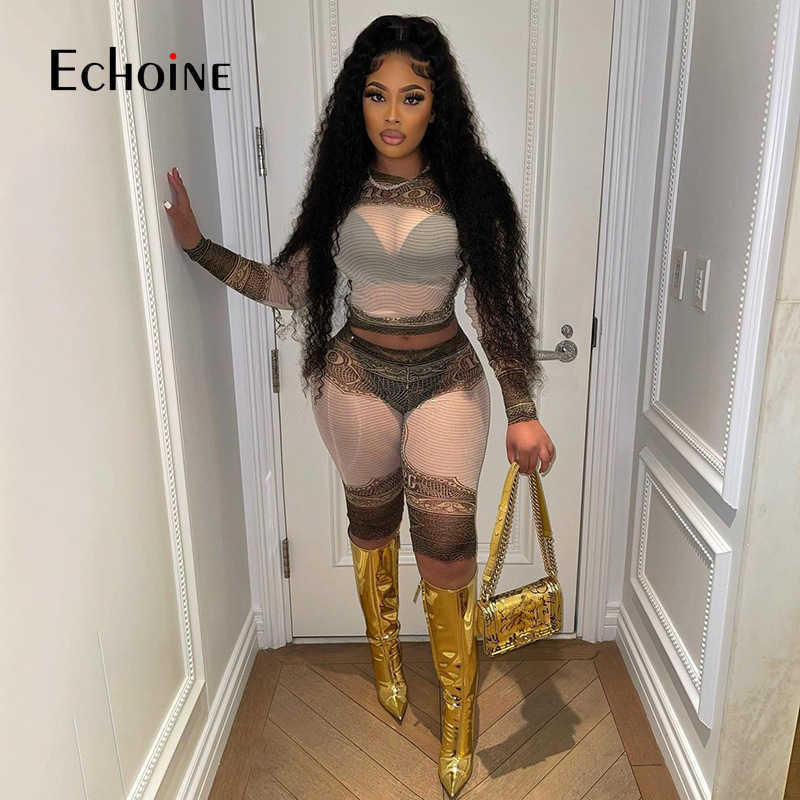 Two Piece Dress Echoine Women Vintage Sexy Mesh Print Long Sleeve Top And Knee Length Shorts 2 Piece Set Autumn New Casual Party Sports Outfits T23011