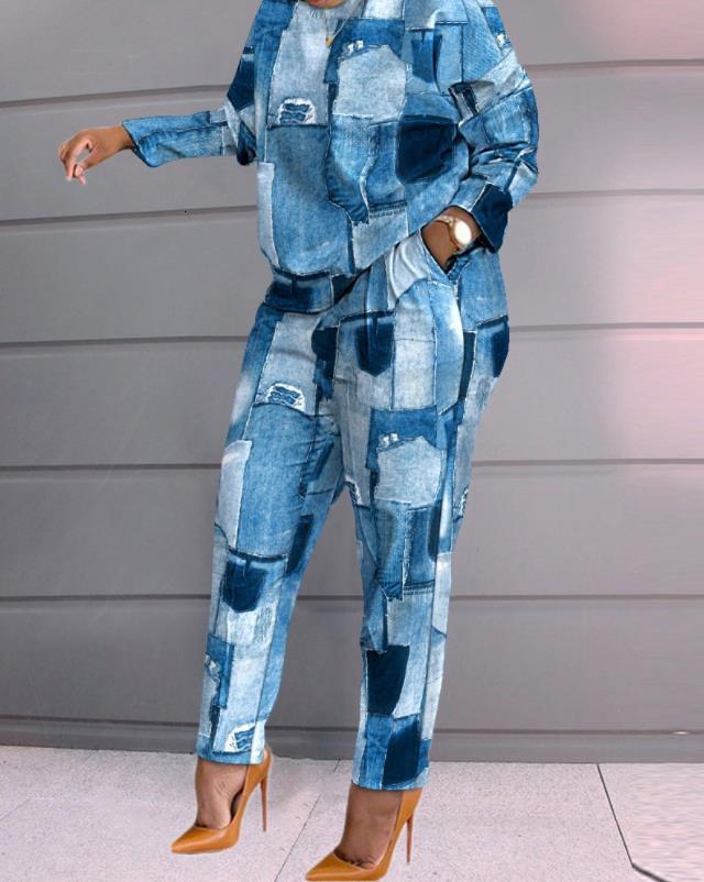 Women's Tracksuits Two Piece Sets Womens Outifits Fashion Summer Scarf Chain Print Casual O-Neck Short Sleeve Top Pocket Long Pants Set 230113