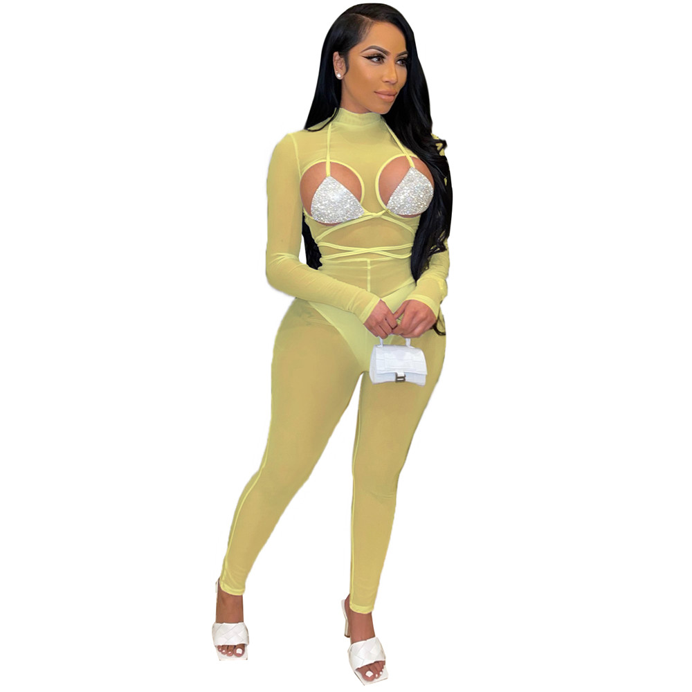 Sexy Mesh Jumpsuits Women Hollow Out Rompers Spring Clothes Sexy See Through Bodycon Jumpsuits Sheer One Piece Outfits Nightclub Party Wear Bulk Items