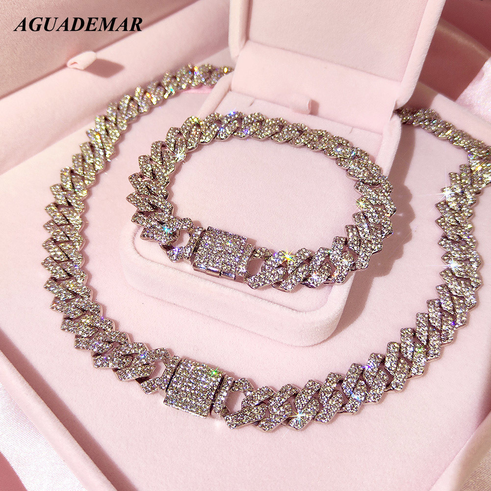 Chokers Silver Color 14mm Prong Miami Cuban Link Chain Necklace For Women Iced Out 2 Row Rhinestones Square Cuban Link Choker Jewelry 230113