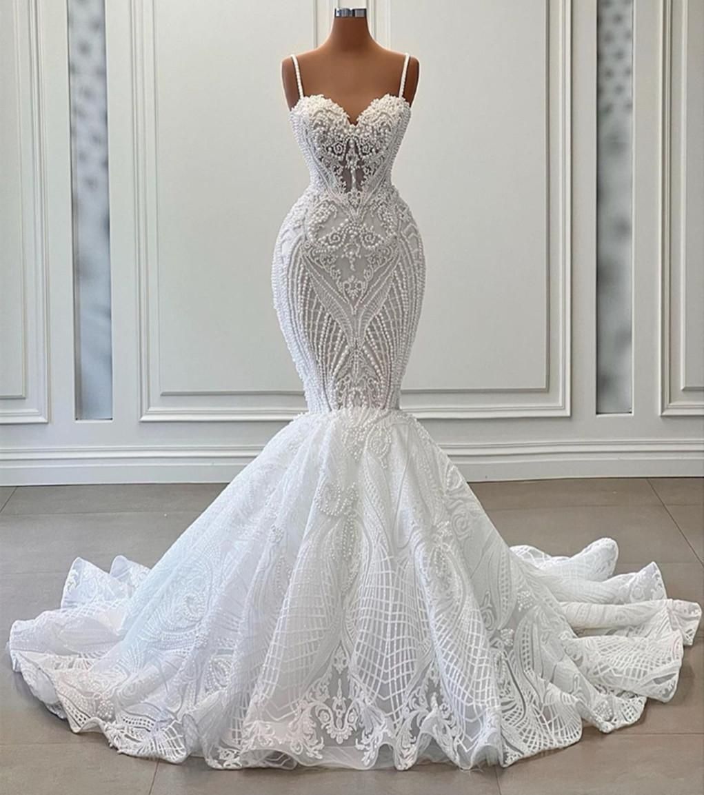 Gorgeous Mermaid Wedding Dresses Bridal Gown Spaghetti Straps Lace Applique Beaded Sweep Train Custom Made Beach Country Plus Size Vestido De Novia