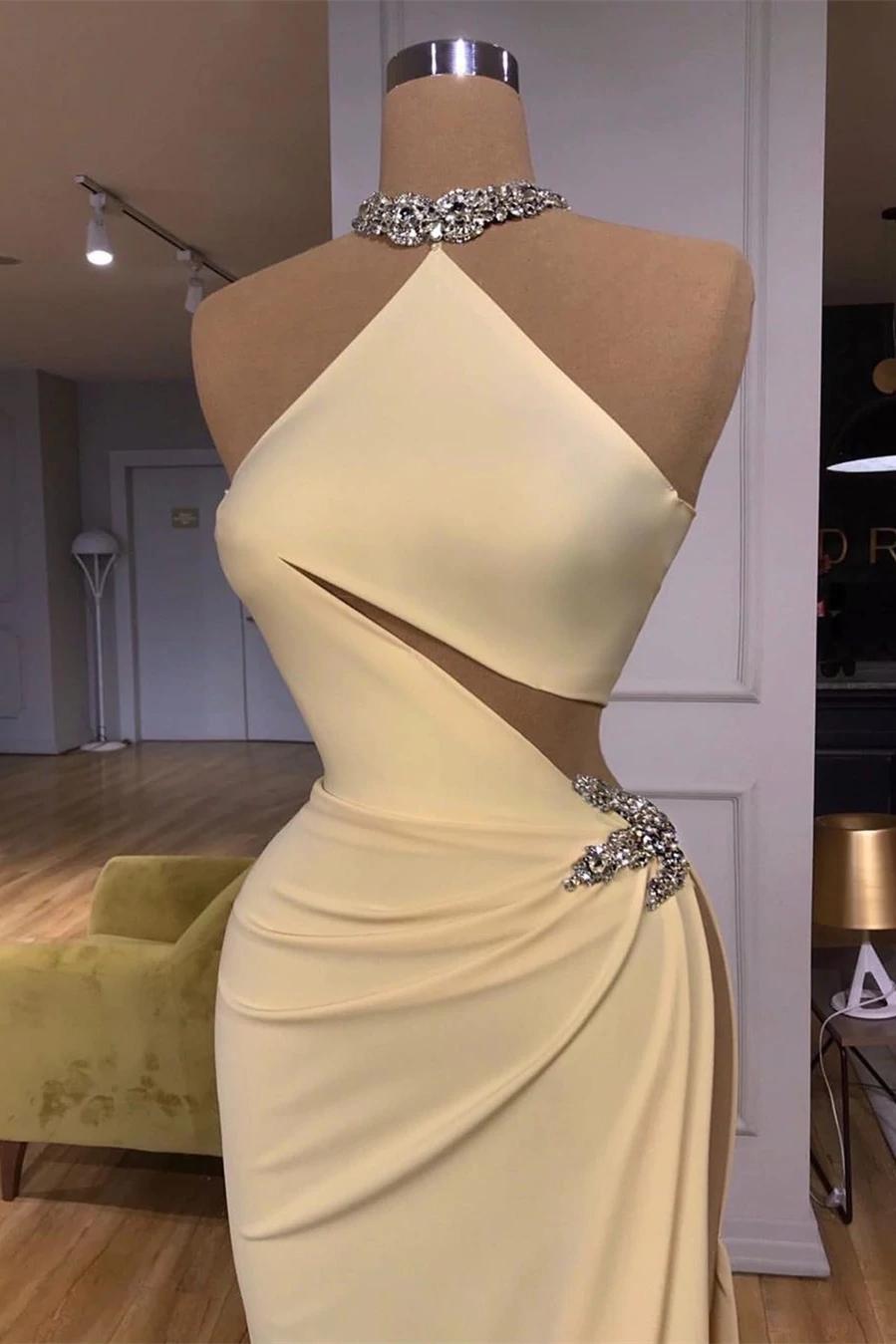 2023 Sexy Light Yellow Prom Dresses Mermaid Halter Illusion Sier Crystal Beads High Side Split Evening Gowns Cutaway Sides Plus Size Formal Party Dres