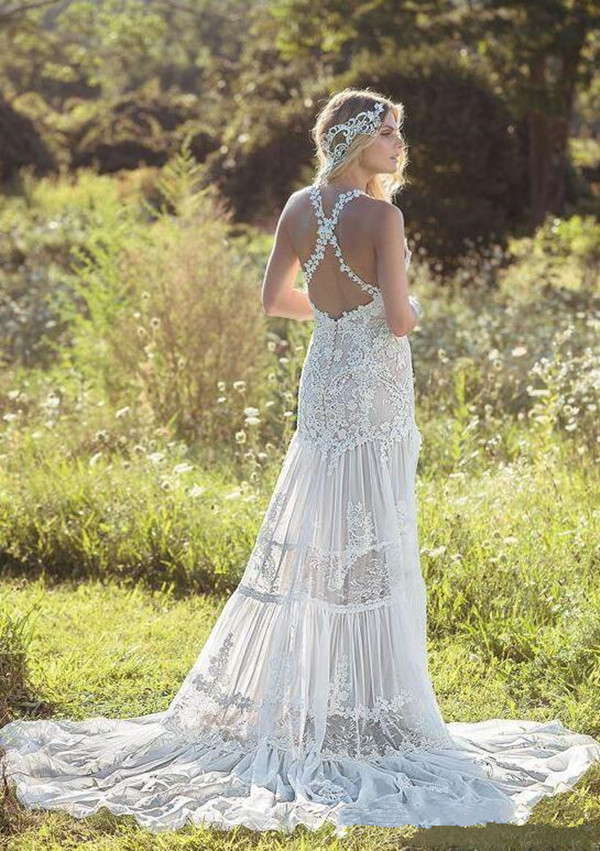 Vintage Bohemian a-line Wedding Dresses 2023 Retro Crochet Lace Backless Summer Holiday Beach Country Bridal Gowns Robes