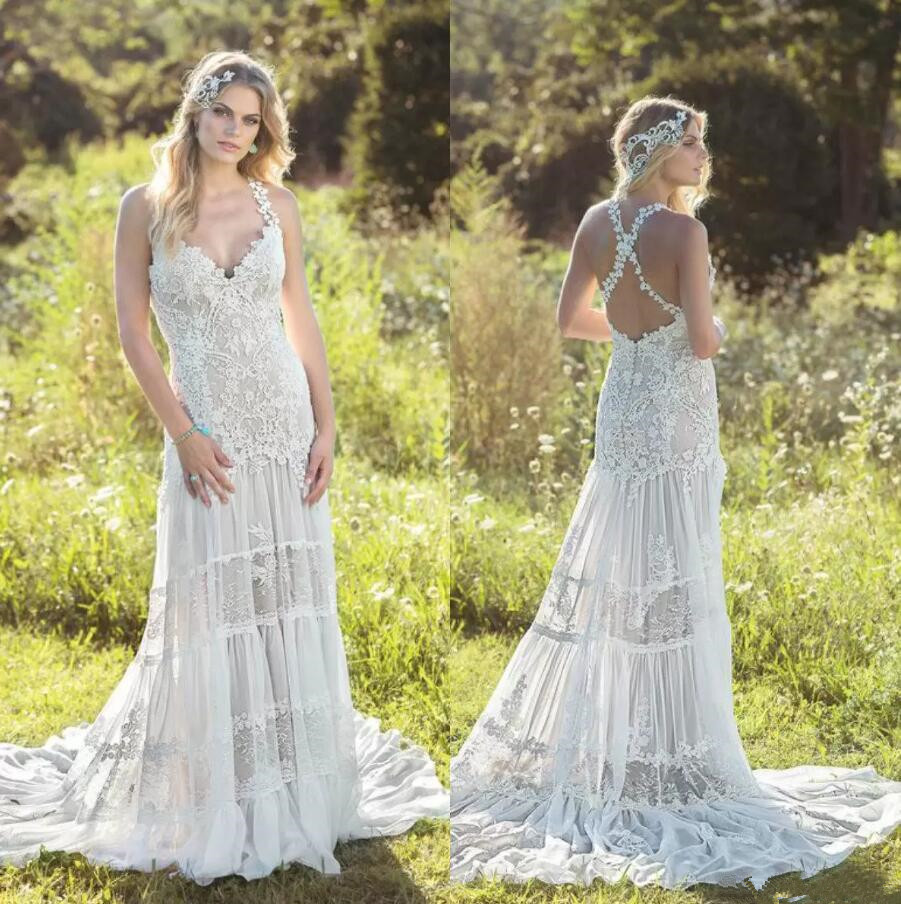 Vintage Bohemian a-line Wedding Dresses 2023 Retro Crochet Lace Backless Summer Holiday Beach Country Bridal Gowns Robes