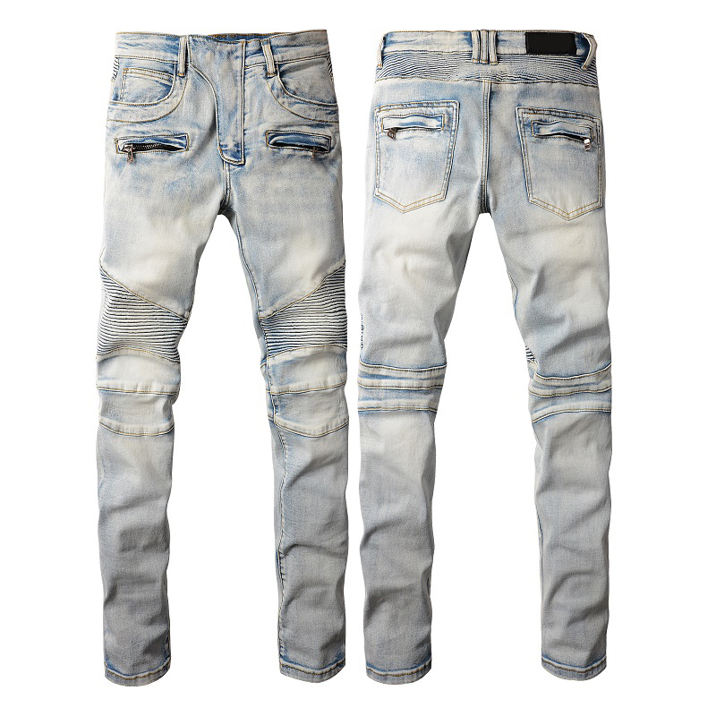 Mens Jeans For Guys Rip Slim Fit Skinny Man Pants Orange Star Patches Wearing Biker Denim Stretch Cult Stretch Motorcycle Trendy Long Straight Hip Hop