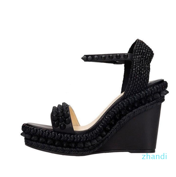summer women sandals Black spiked leather wedge heels sandal platform high heel lady wedding party dress shoes style