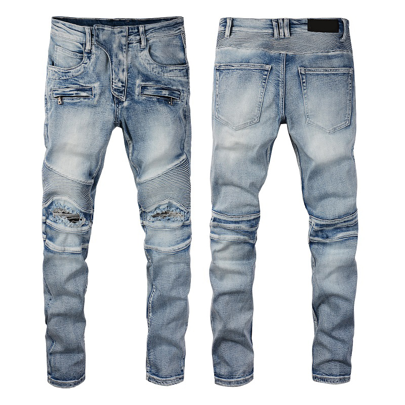 Mens Jeans For Guys Rip Slim Fit Skinny Man Pants Orange Star Patches Wearing Biker Denim Stretch Cult Stretch Motorcycle Trendy Long Straight Hip Hop