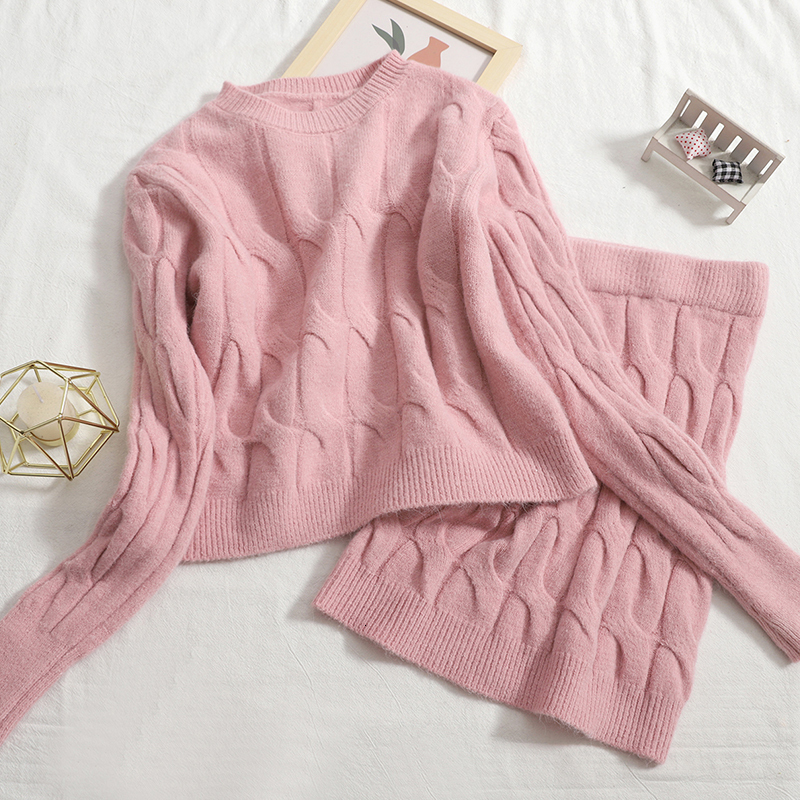 Two Piece Dress Elegant Fall Winter Knitted 2 Set Chic Women Sexy O Neck Sweater Crop Top Bodycon Mini Skirt Korean Suit 230113