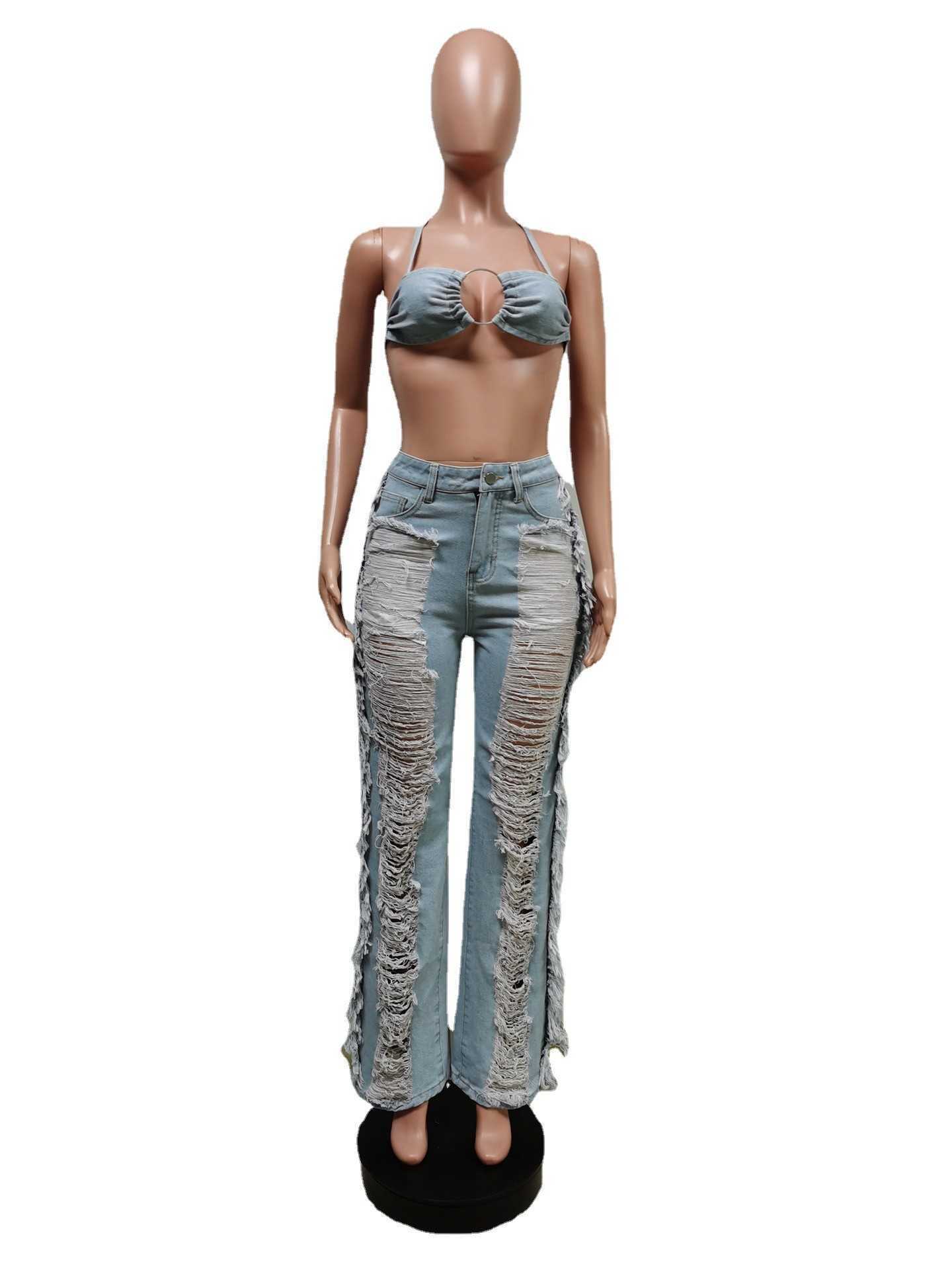 Two Piece Dress Echoine New Sexy Denim Two Piece Set Lace Up Ring Bra Top Hollow Out Hole Tassel Jeans Summer Party Night Clubwear Outfits T230113