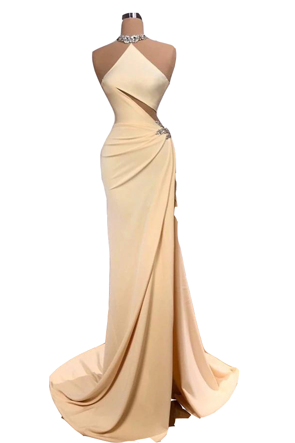 2023 Sexy Light Yellow Prom Dresses Mermaid Halter Illusion Sier Crystal Beads High Side Split Evening Gowns Cutaway Sides Plus Size Formal Party Dres