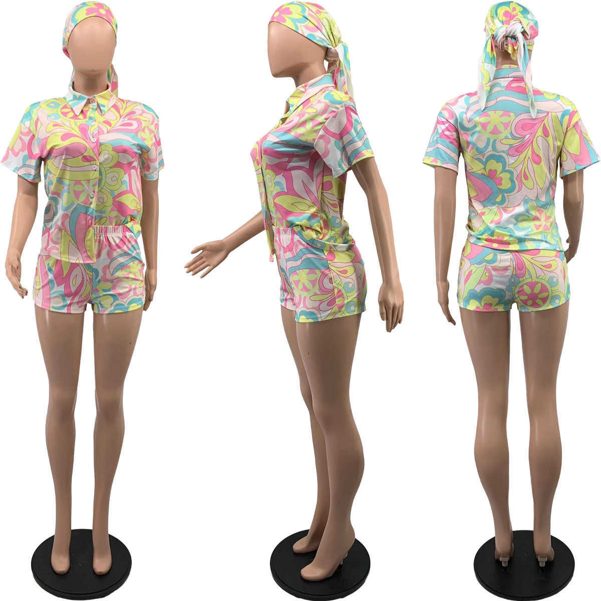 Two Piece Dress Echoine Art Colorful Print Vintage Shirt and Shorts with Scarf Two Piece Set Street Summer Women Clothing Party Clubwear Outfits T2301