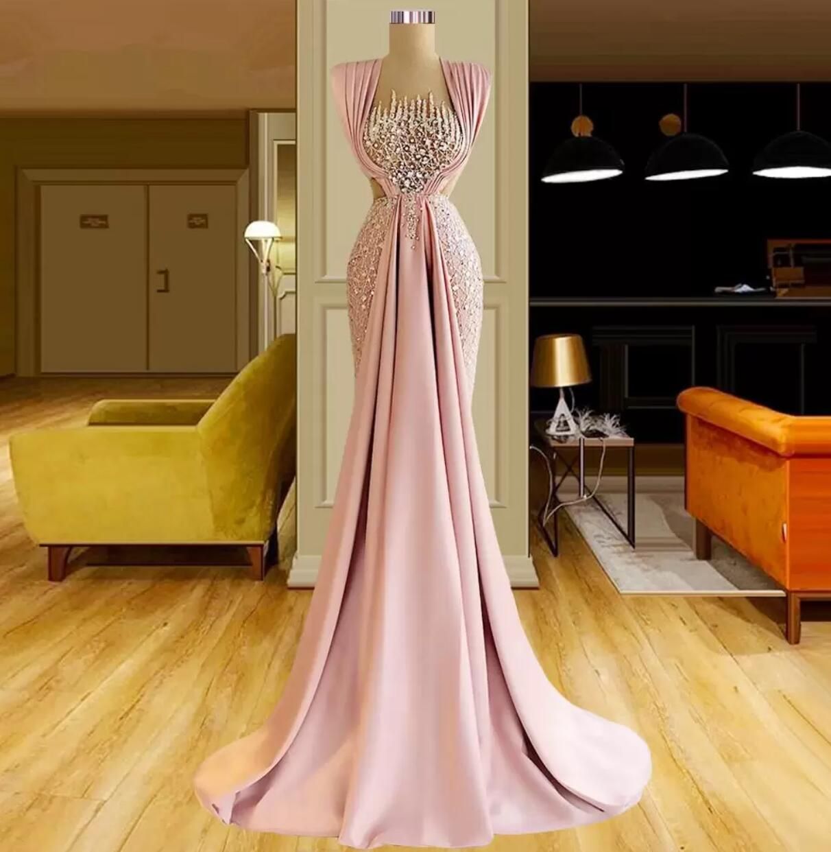 2024 Evening Dresses Wear Pink Illusion Neck Sleeveless Mermaid Sweep Train Sequins Crystal Beads Plus Size Prom Gowns Party Dresses