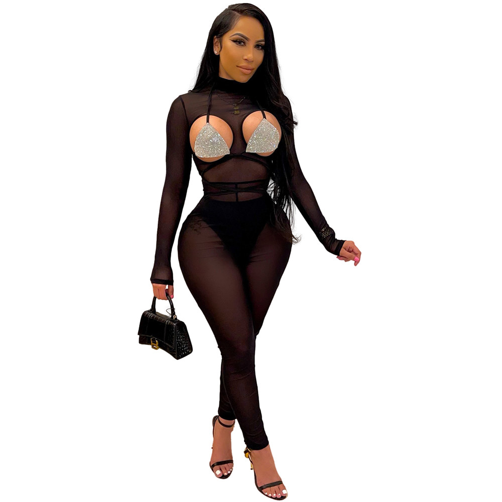 Sexy Mesh Jumpsuits Women Hollow Out Rompers Spring Clothes Sexy See Through Bodycon Jumpsuits Sheer One Piece Outfits Nightclub Party Wear Bulk Items