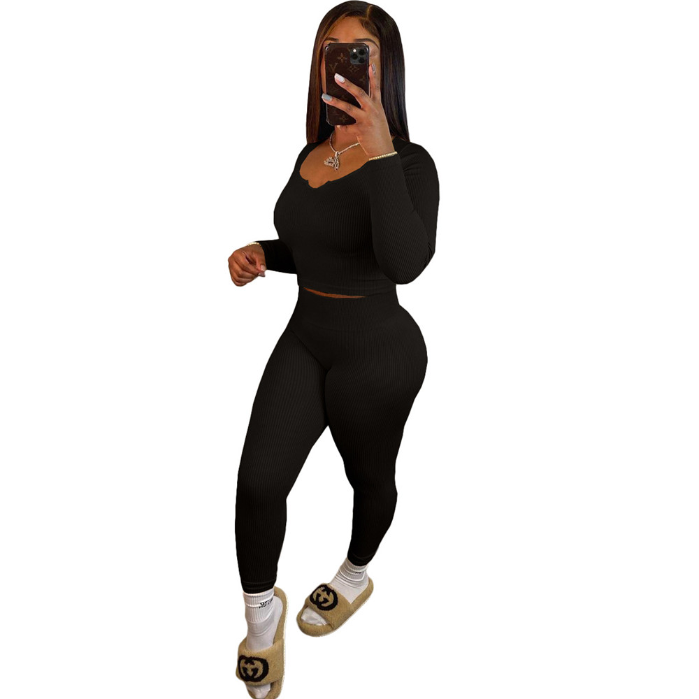 Fall Winter Outfits Women Ribbed Tracksuits Long Sleeve Pullover V neck Shirt Top and Pants Two Piece Sets Outwork Outfits Casual Sports suits Sporswe