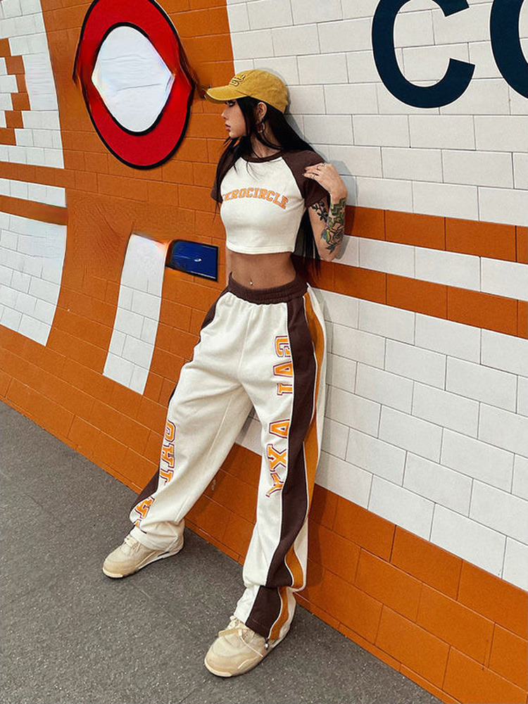 Womens Tracksuits Fashion Sexy Summer Outfits Short Sleeve Print Crop Top Straight Contrast Pants Female Japanese Harajuku Casual Two Piece Sets 23011