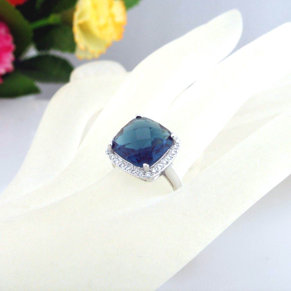 Fashion Blue Ring Cubic Zirconia Stone Ring Rhodium Plated Wedding Ring for Women