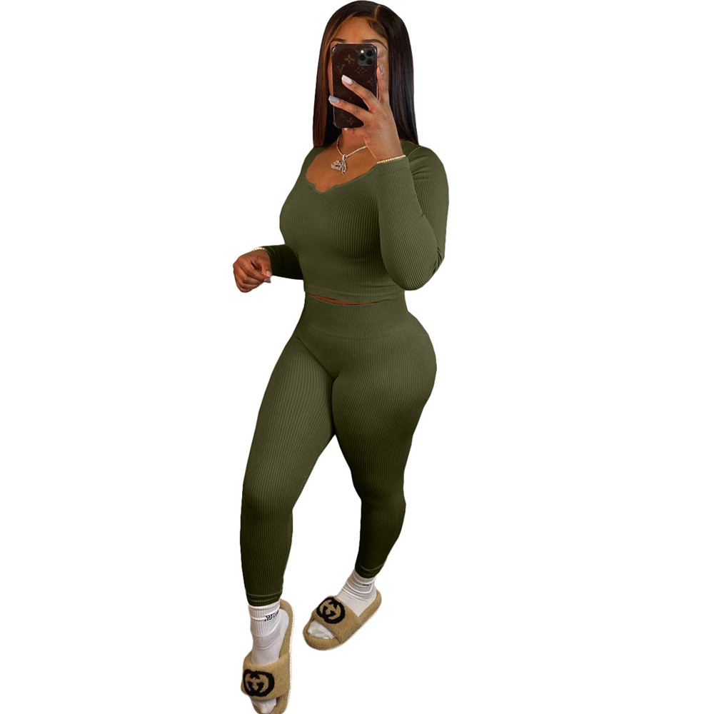 Fall Winter Outfits Women Ribbed Tracksuits Long Sleeve Pullover V neck Shirt Top and Pants Two Piece Sets Outwork Outfits Casual Sports suits Sporswe