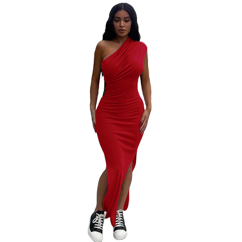 Summer Ribbed Dress Women Spring Bodycon Dresses Sexy Diagonal Collar Split Long Dress Solid Sleeveless Skinny Dresses Nightclub Party Wear 9182