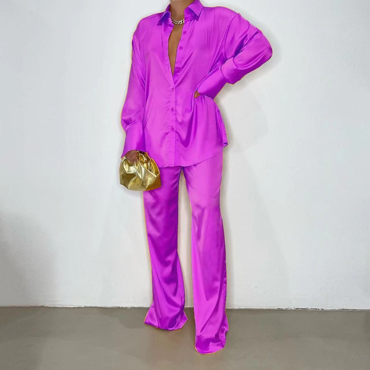 Womens Tracksuits Elegant Satin Matching Sets Casual Long Sleeve Shirt Straight Pants Suit Female Loose Solid Tops Two Pieces Outfits 230113