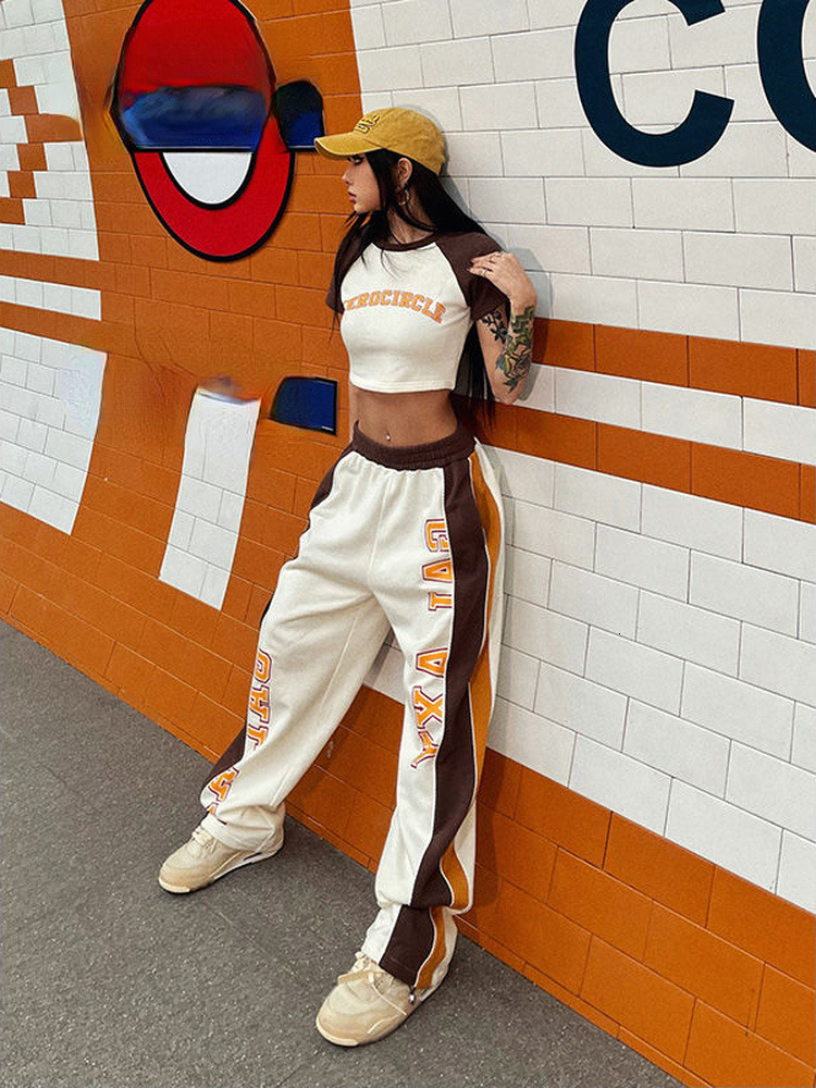 Womens Tracksuits Fashion Sexy Summer Outfits Short Sleeve Print Crop Top Straight Contrast Pants Female Japanese Harajuku Casual Two Piece Sets 23011